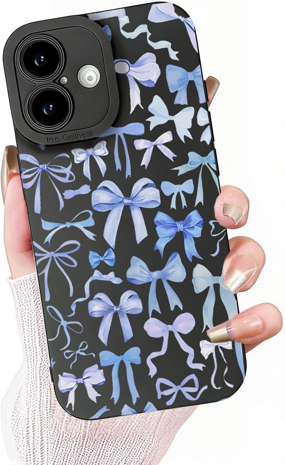 for iPhone 17 Cute Blue Bows Phone Case, Kawaii Aesthetic & Soft TPU Shockof tective Case for Girls Women - Black