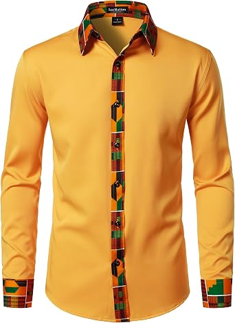 LucMatton Mens African Long Sleeve Button Down Dress Shirt