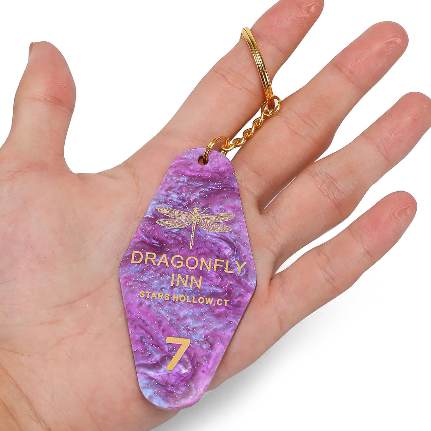 ASVP Shop Dragonfly Inn Motel Keychain – Purple Marble Acrylic Key Tag with Gold Engraving, Stars Hollow CT, ‘Where You Lead I Will Follow’ Collectible Gift