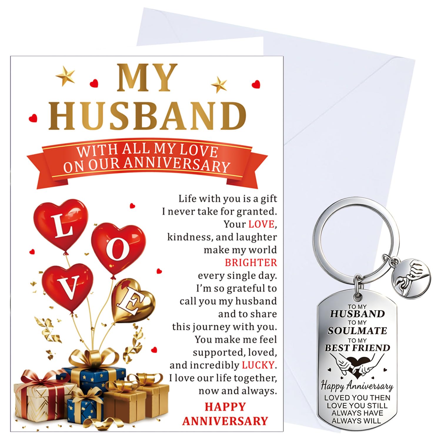 XINDY Anniversary Card for Husband, Sentimental Wording Wedding Anniversary Card Husband Keyring Gifts for Him from Wife with Envelope