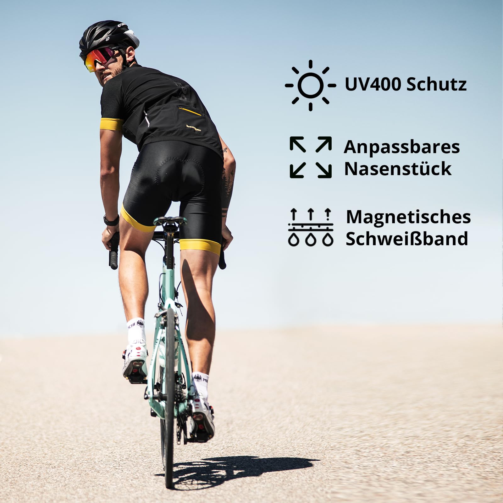 NAKED Optics FALCON Sportbrille Herren, Fahrradbrille Damen, Sport Sonnenbrille mit UV Schutz, magnetisches Schweißband, wechselbare Gläser