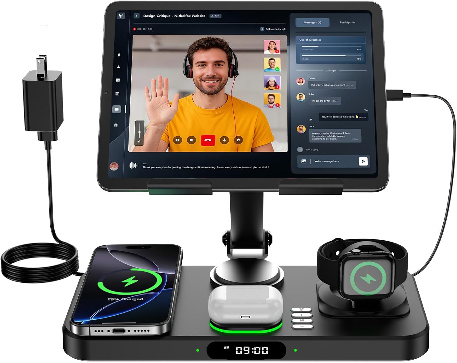 6 in 1 Wireless Charger for Apple Multiple Devices, Charging Station with Clock &7 Color Ambient Light, Foldable Rotate Stand for iPad, for iPhone17/16/15, Support for Apple Watch11/10 For AirPods4