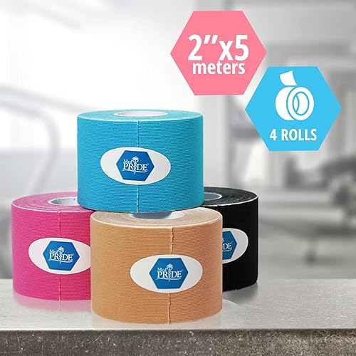 Miniatura 2 de MED PRIDE Paquete de cinta de kinesiología sin látex, 4 rollos sin cortar (2 pulgadas x 16.4 pies) Cinta deportiva terapéutica para el dolor de