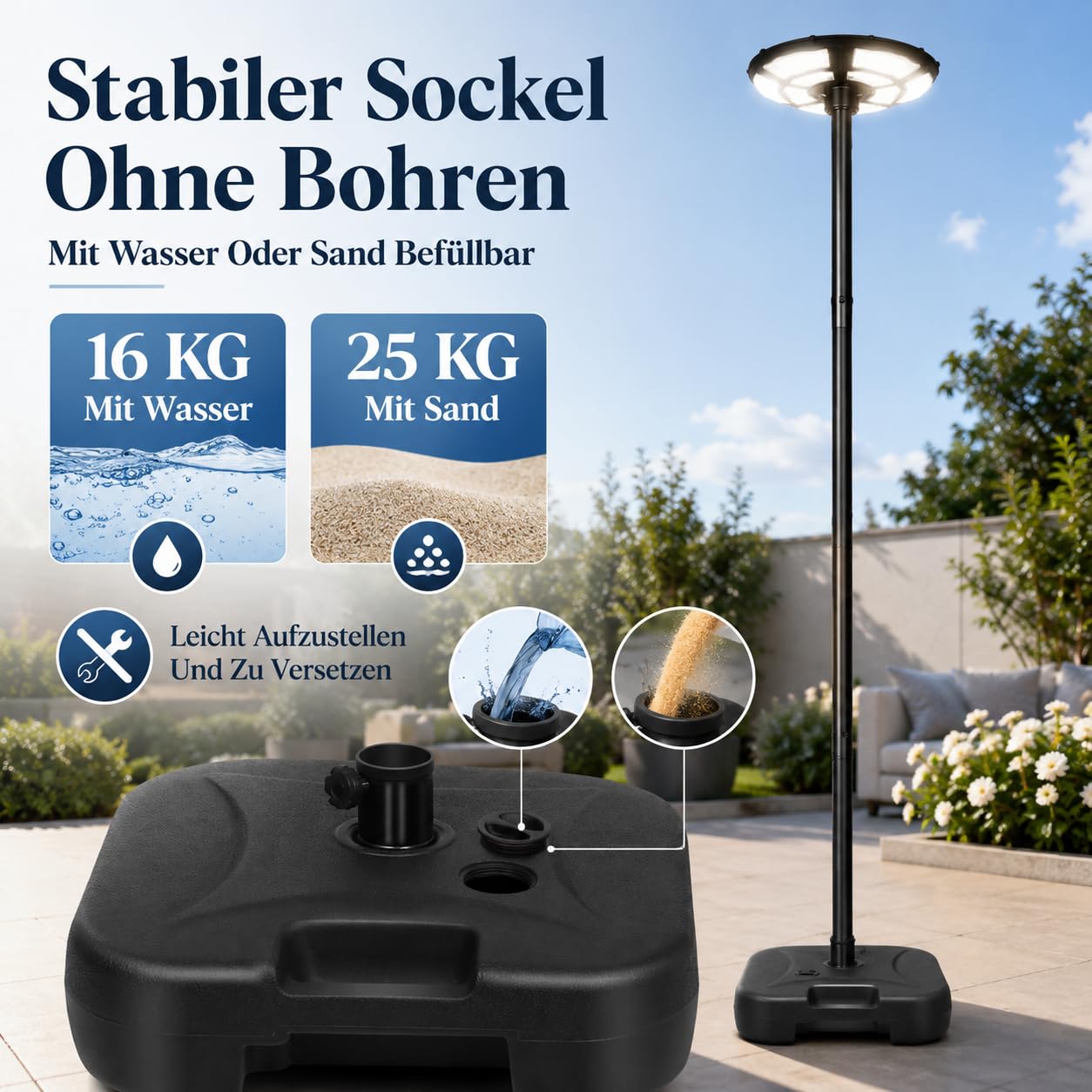 Lampada da strada solare per esterni, 750 SMD2835, 6500 K, IP67, impermeabile, con sensore di movimento, per cortile, garage, parcheggio, con base riempibile d'acqua