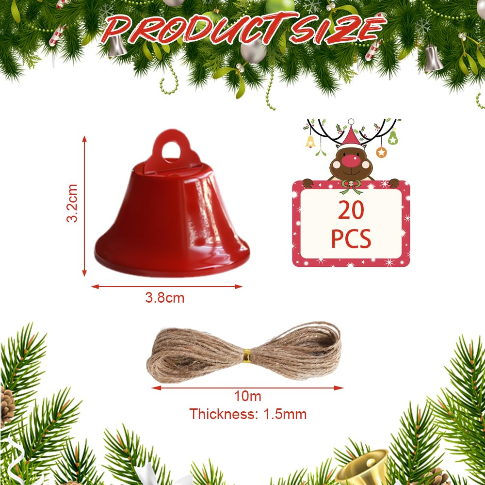 GmeDhc Pack of 20 Red Bells with 10 m Jute String for Crafts Christmas Decoration, Wind Chimes, Dog Training - Image 2
