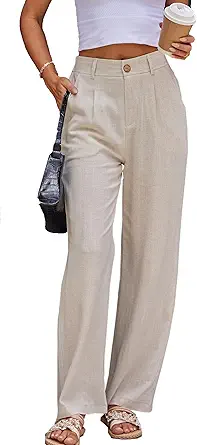 Women's Linen Dressy Work Casual Pants - Summer Business Wide Leg Cotton Linen Trousers