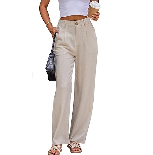 Fakanhui Women's Linen Dressy Work Casual Pants Summer Business Straight
