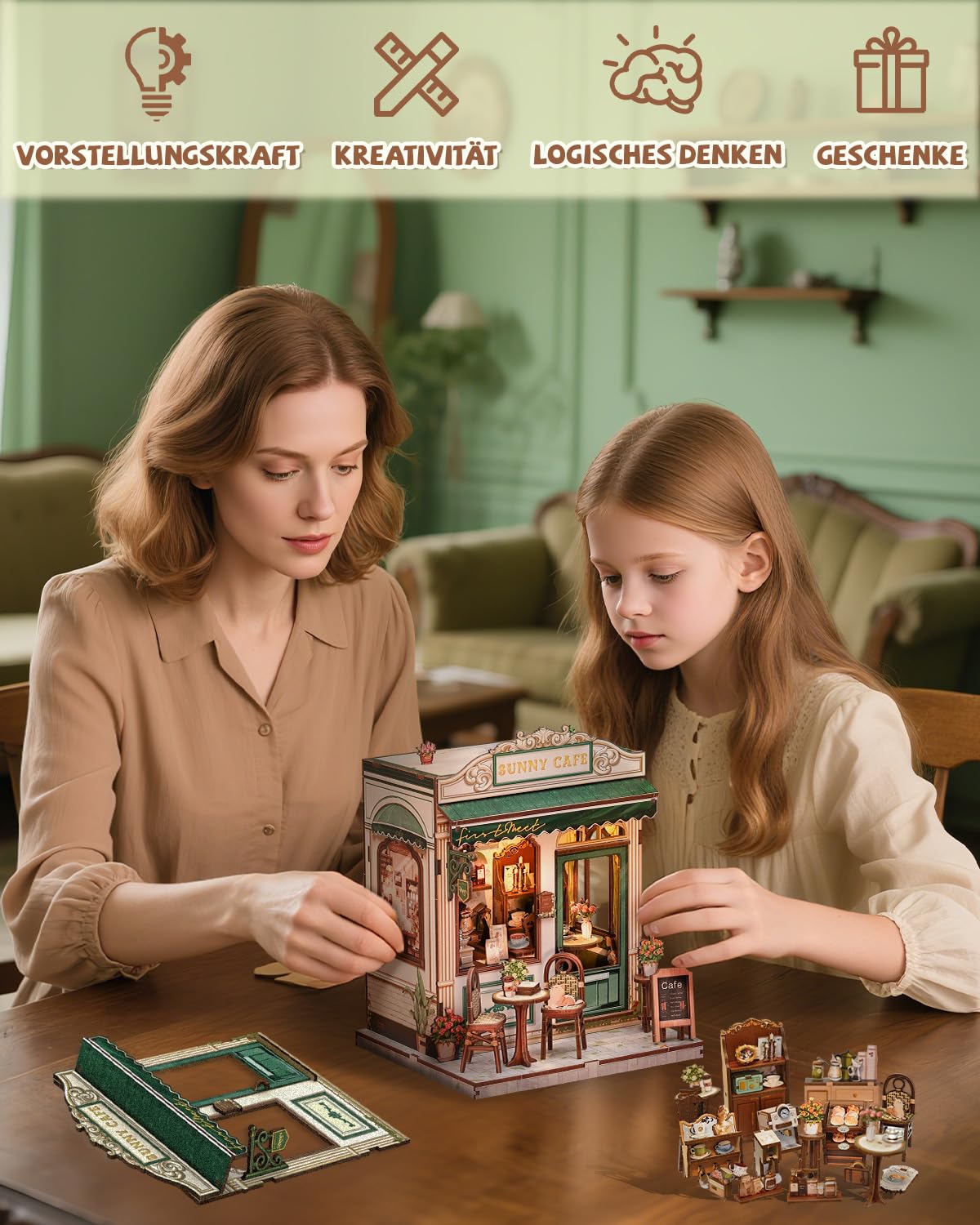 Cutefun Book Nook Kit - Kit Casa in Miniatura DIY per Adulti, Puzzle 3D in Legno Tiny House con Luci LED, Modello Caffè in Scala Decorazione per Libreria, Regalo per Donne e Appassionati di Puzzle