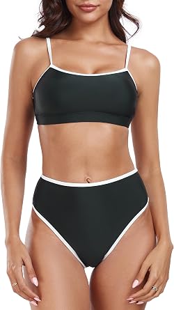 Colloyes Womens High Waisted Bikini Sets Color Block Swimsuits Scoop Neck Two Piece Bathing Suits