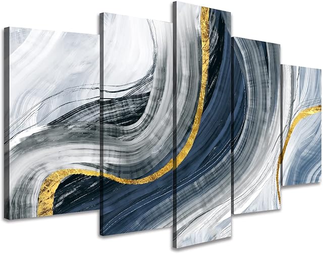HW Hongwu Wall Art Canvas Abstract Print Picture 60x30 inch Blue Graffiti Paintings Gold Foil Line Artwork 5 Panels a Set for Living Room