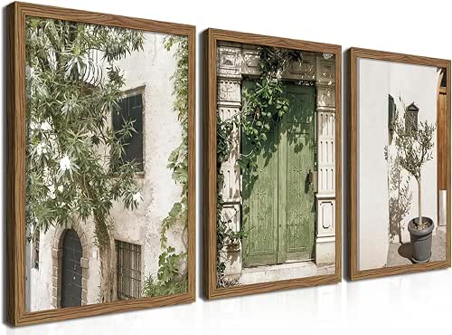 Wood Framed Vintage Italy Wall Art, Olive Green City Landscape