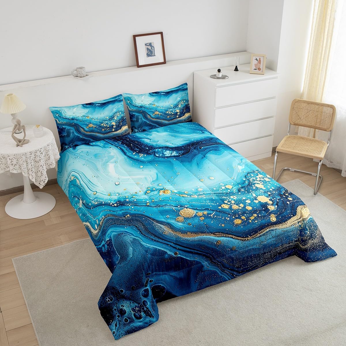 Blue Marble Comforter Set Twin White Texture Bedding for Teen Boy Soft Lightweight Warm Quilt Set,Teal Blue Stone Grain Print Duvet Insert for Kid Girl Retro Style Watercolor Artwork Down Alternative