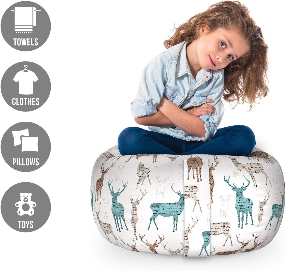 Ambesonne Deer Storage Toy Bag Chair, Animals with Old Text Pattern Christmas Theme Vintage Inspired Illustration, Stuffed Animal Organizer Washable Bag, Small Size, Turquoise Beige