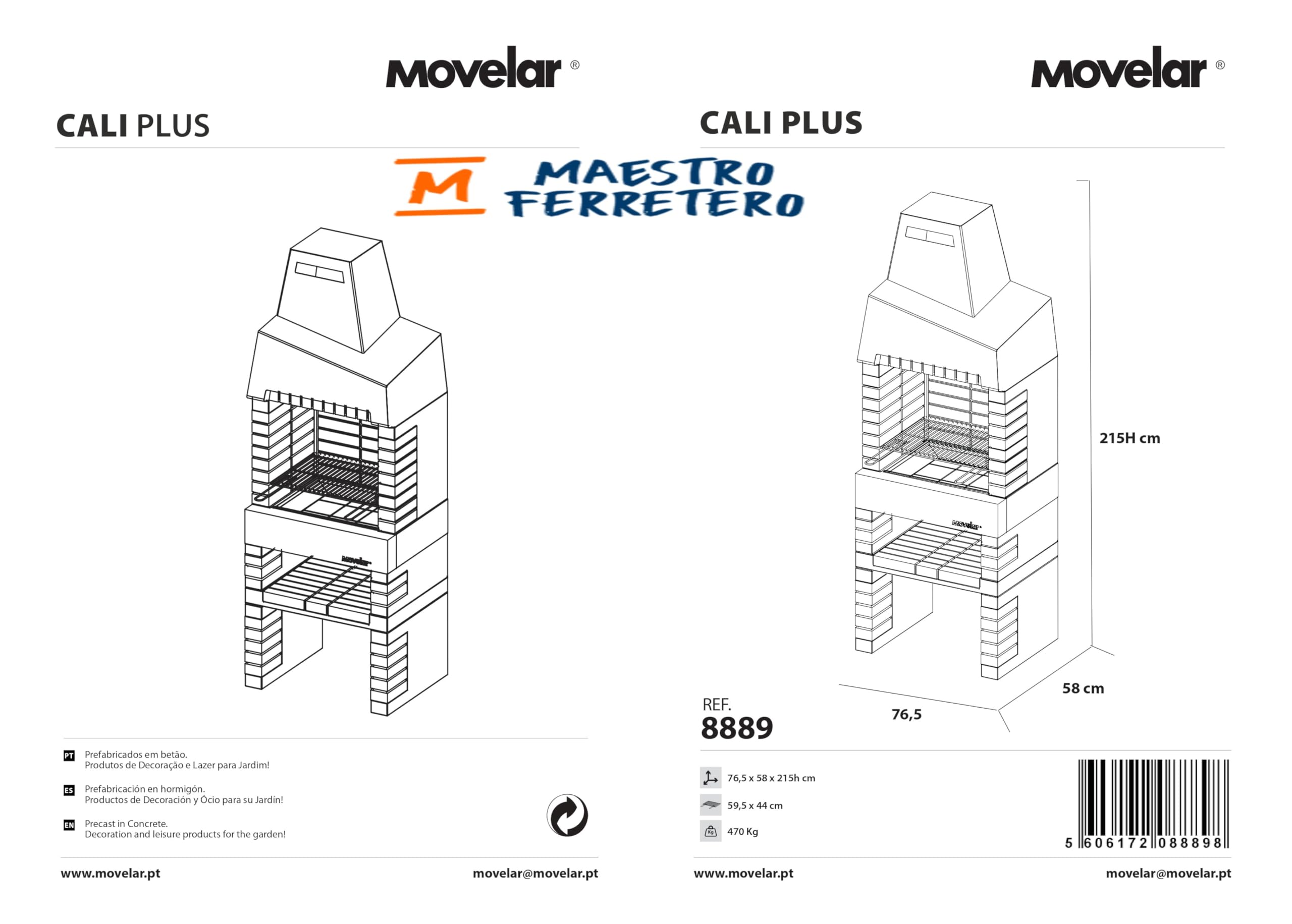 MOVELAR - Barbacoa de Obra Prefabricada de Leña y Carbón Modelo Cali Plus (Gris, Naranja - 76,5 x 58 x 215 cm) REF: 8889/1 - Cocina de Exterior con Chimenea para Jardín y Terraza
