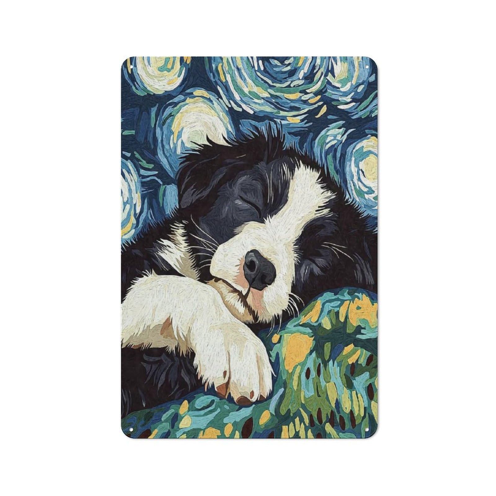 Junmoney Style-24 Sleeping Border Collie Starry Night Rustic Metal Sign 30X20cm For Pub Or Café, For Collectors Of Rustic Metal Wall Decor
