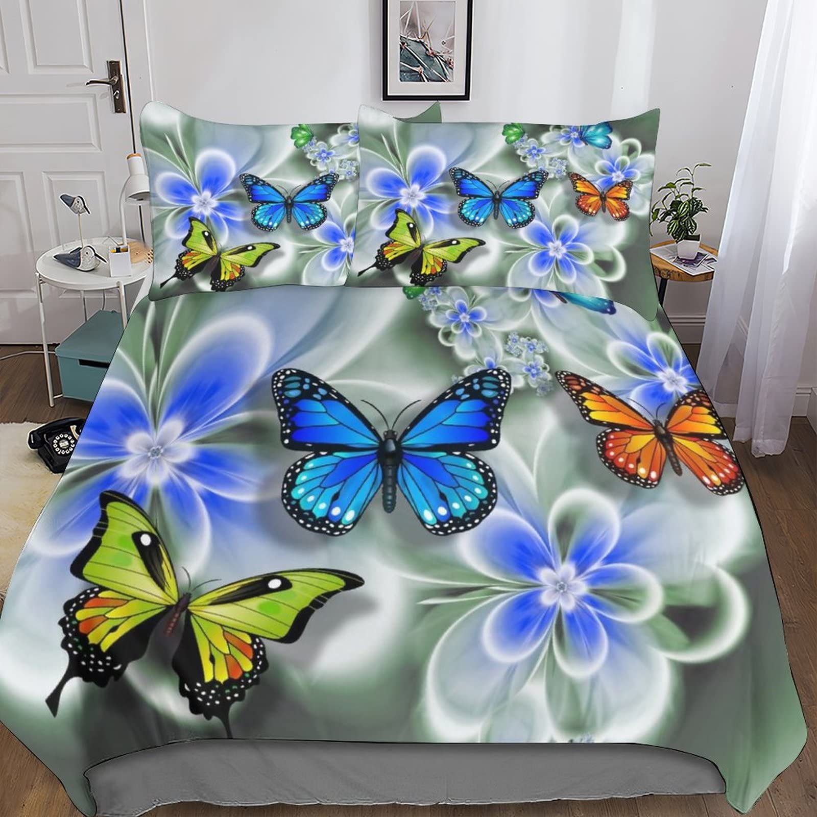 Housse de couette hypoallergénique imprimé 3D floral et papillons