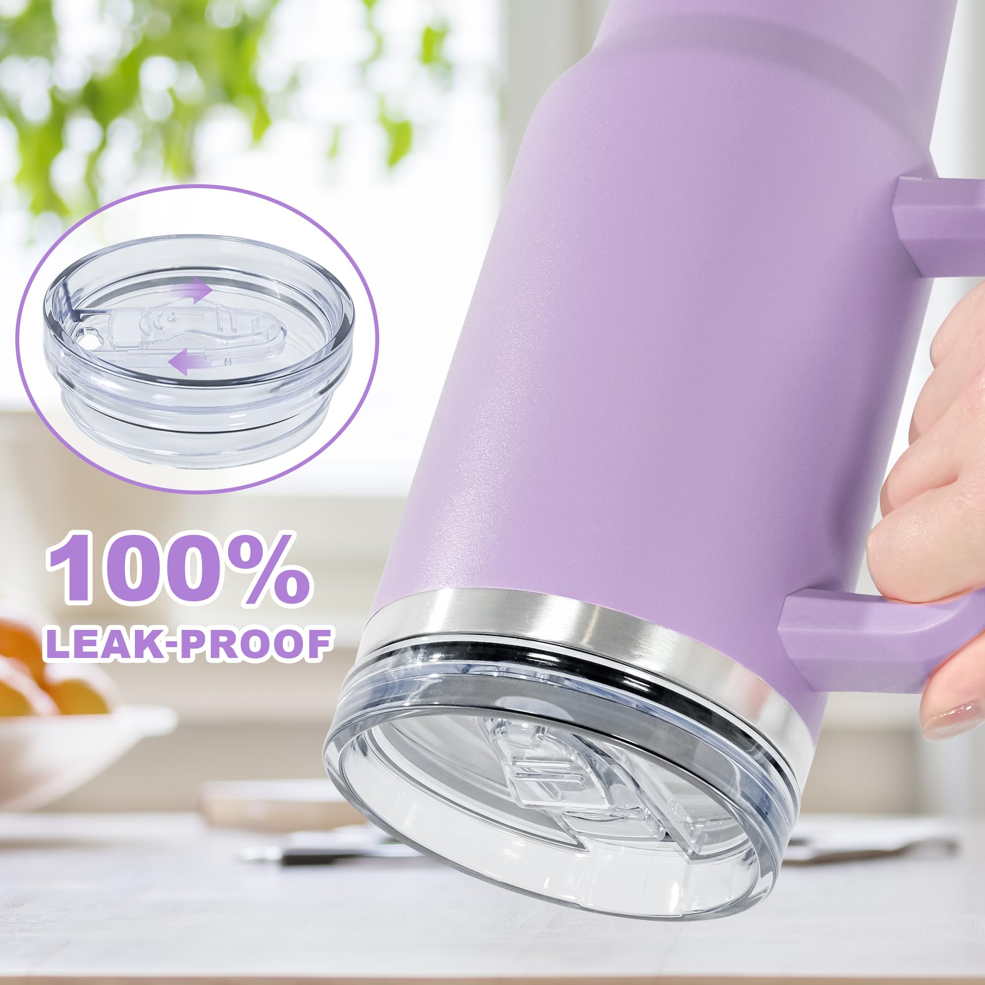 FECBK 40oz Tumbler with Straw and Lid 1.2L, 100% Leak-Proof Travel Mug with Handle, Stainless Steel Vacuum Insulated Water Bottle Keeps Cold for 34H / Hot 12H, Dishwasher Safe, Lavender - Image 3