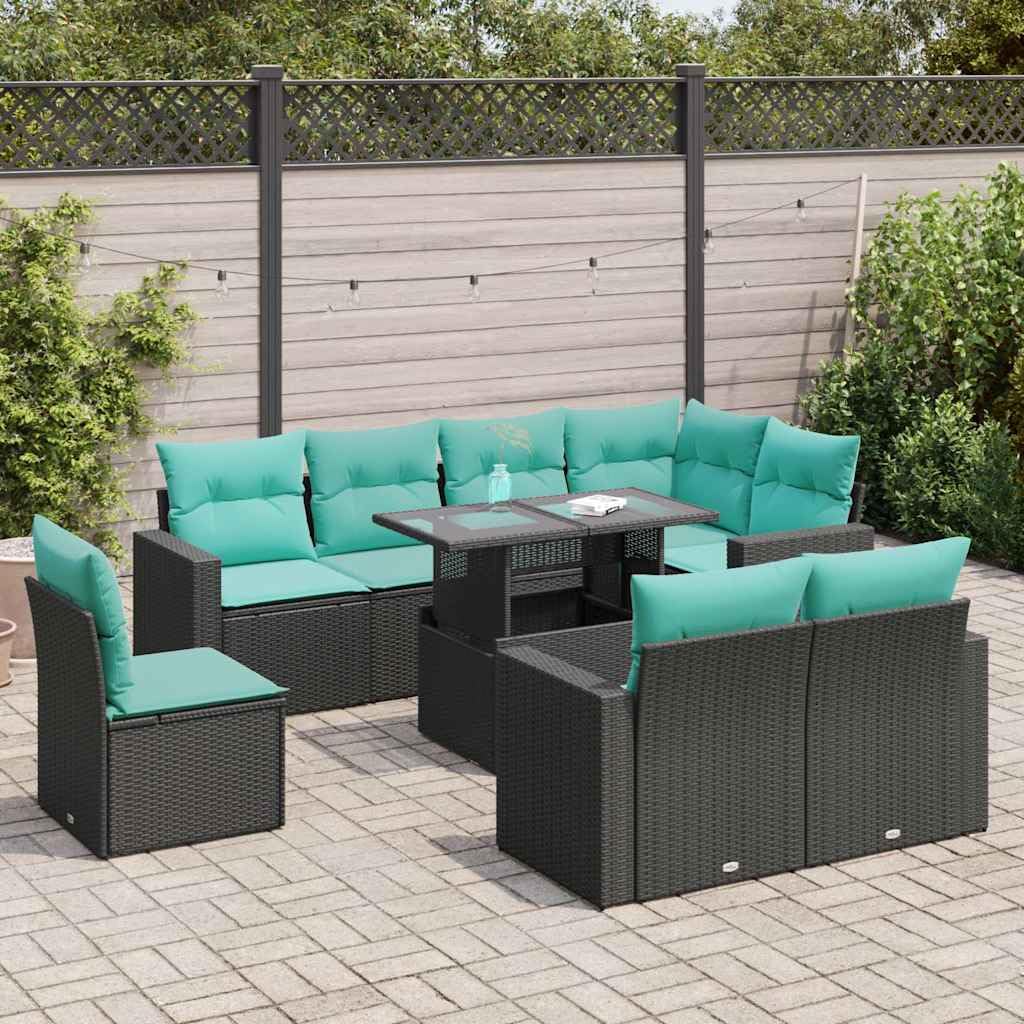 Juego de muebles de jardín de polirratán negro, conjunto modular con sofás esquineros, sofás centrales y mesa, juego de salón, incluye cojines azules para terraza y exterior