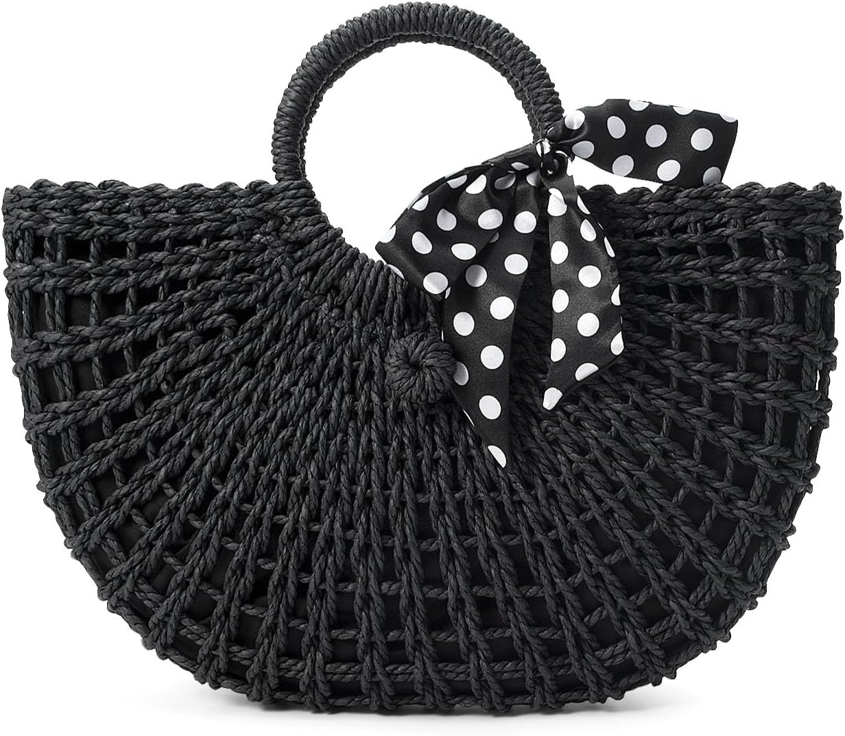 YYW Straw Bags for Women,Hand-woven Straw Top-handle Bag with Round Ring Handle Summer Beach Rattan Tote Handbag