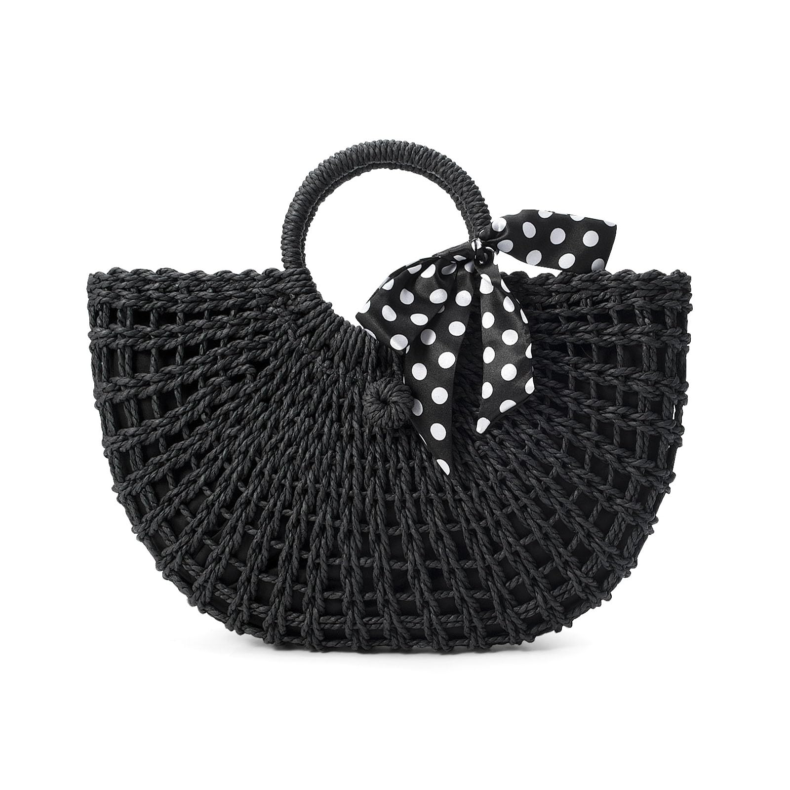 YYW Straw Bags for Women,Hand-woven Straw Top-handle Bag with Round Ring Handle Summer Beach Rattan Tote Handbag