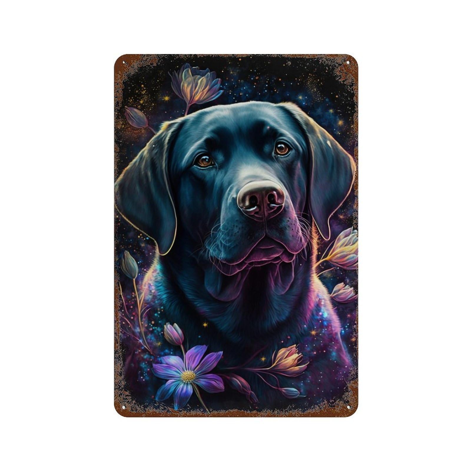 Rust Effect Glowing Labrador with Flowers Aged Metal Wall Plaque 11.8"x7.9", Classic Wall Plaque for Basement, Hobby Room And Garage Decor