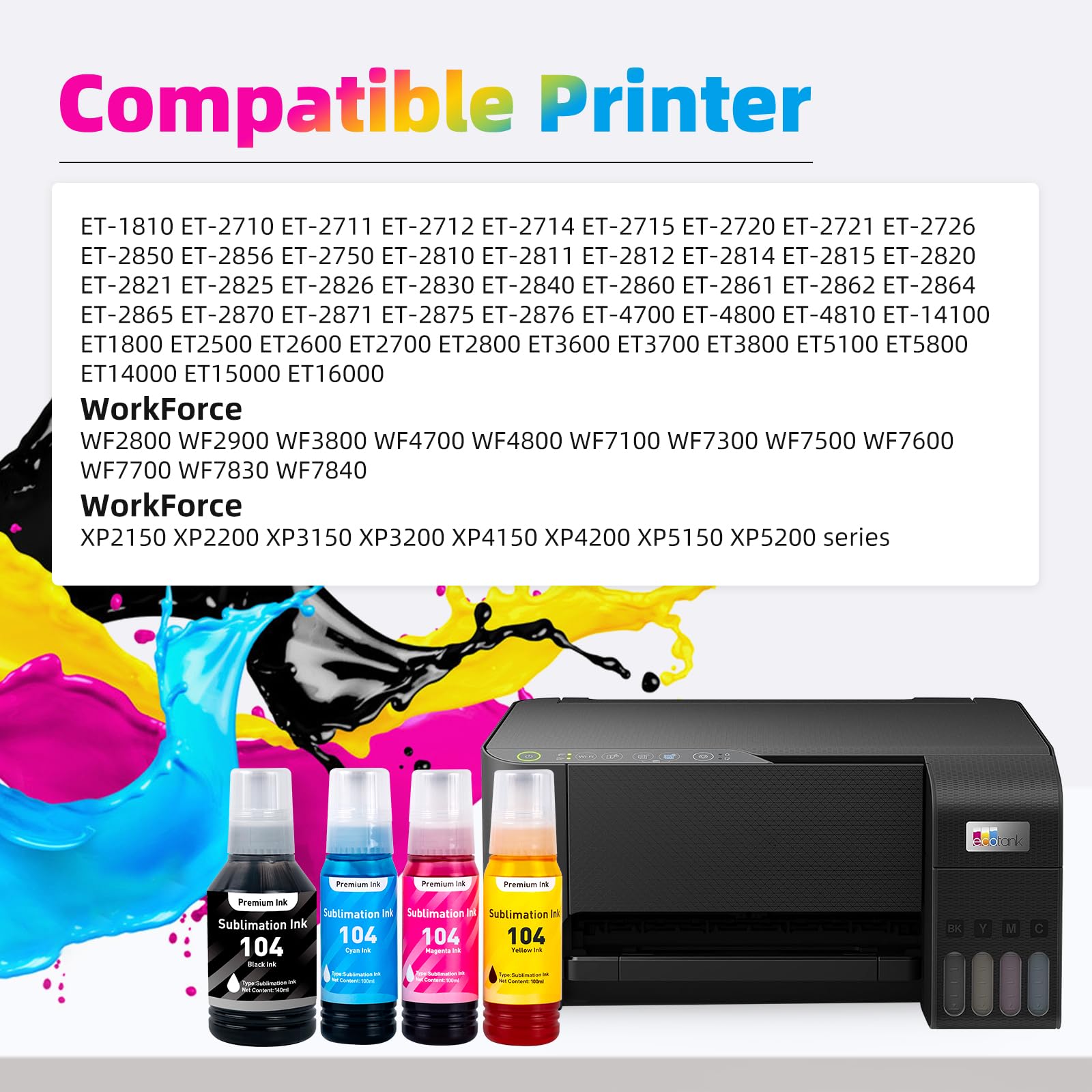 E104 Kit de recharge d'encre de sublimation compatible avec Epson Ecotank ET‑2711 ET-1810 ET-2710 ET-2861 ET-2862 ET-2712 ET-2714 ET-2715 ET-2720 ET-2721 (1 40 ml BK, 100 ml de couleur)