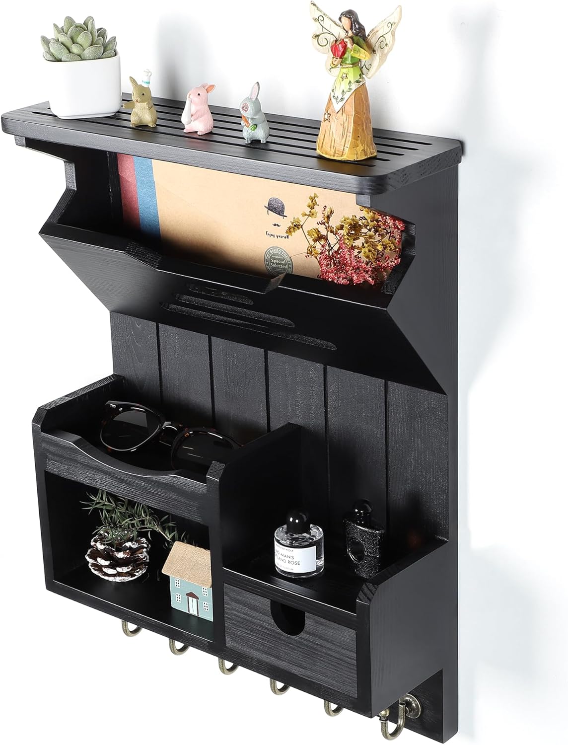 DOPACE Key Holder for Wall, Mail and Key Holder, Mail Organizer Wall Mount with Storage Drawer and 6 Hooks, Easy Installation Key Rack for Entryway and Home Decor, Black