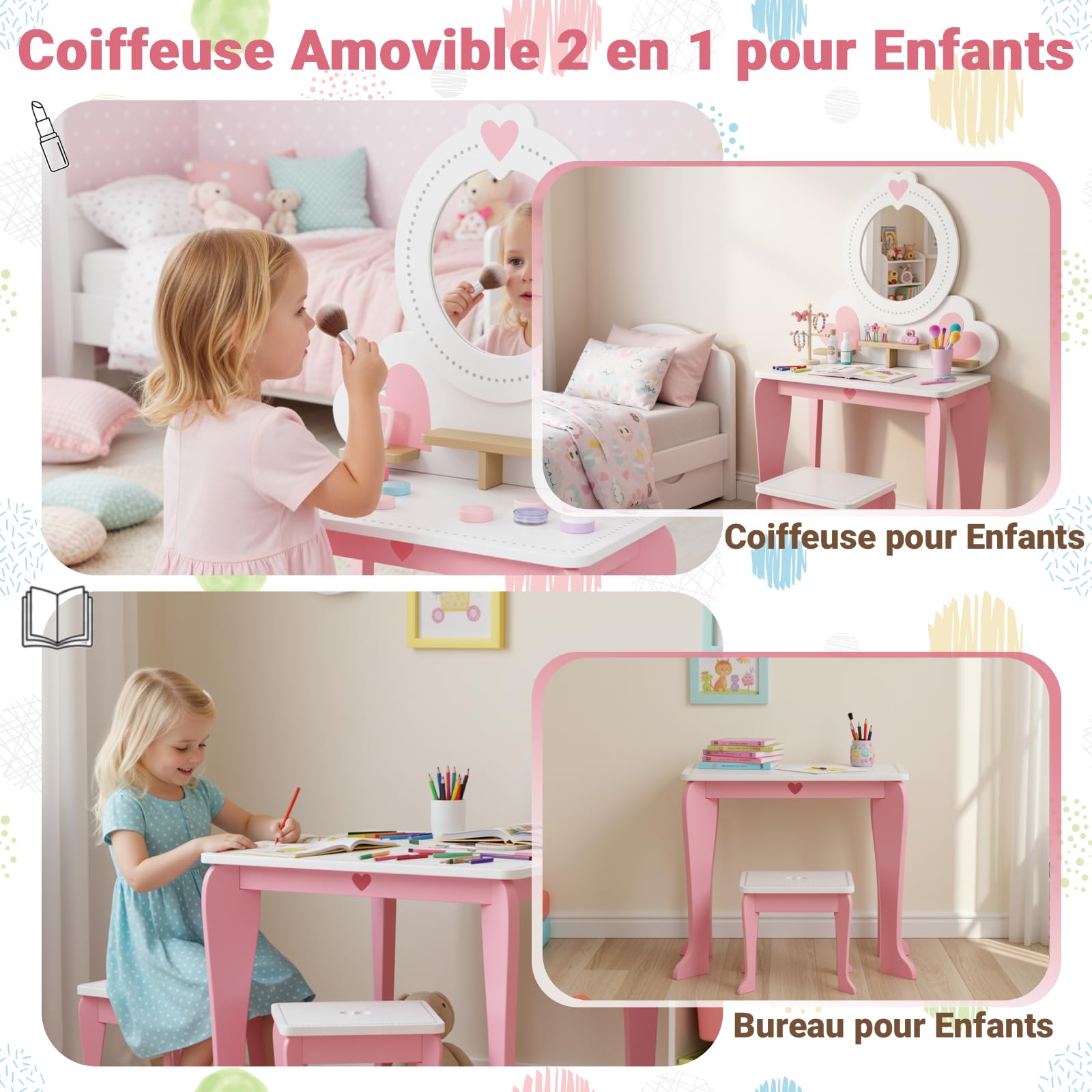 Clevich 2 en 1 Coiffeuse Enfant, Coiffeuse pour Fille avec Miroir et Tabouret Enfant, Bureau pour Enfants, Table de Maquillage pour Enfants 3 à 8 Ans (Rose)