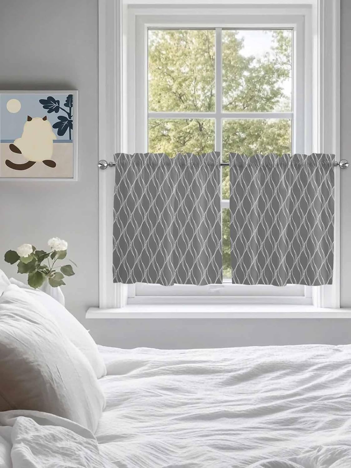 Kitchen Curtain 24 Inch Length, Abstract Retro Geometric Morocco Grey Summer Wave Texture Small Short Cafe Tiers Curtains Drape, , 2 Panel Window Treatment Rod Pocket Drapery Panels Curtains 55x24