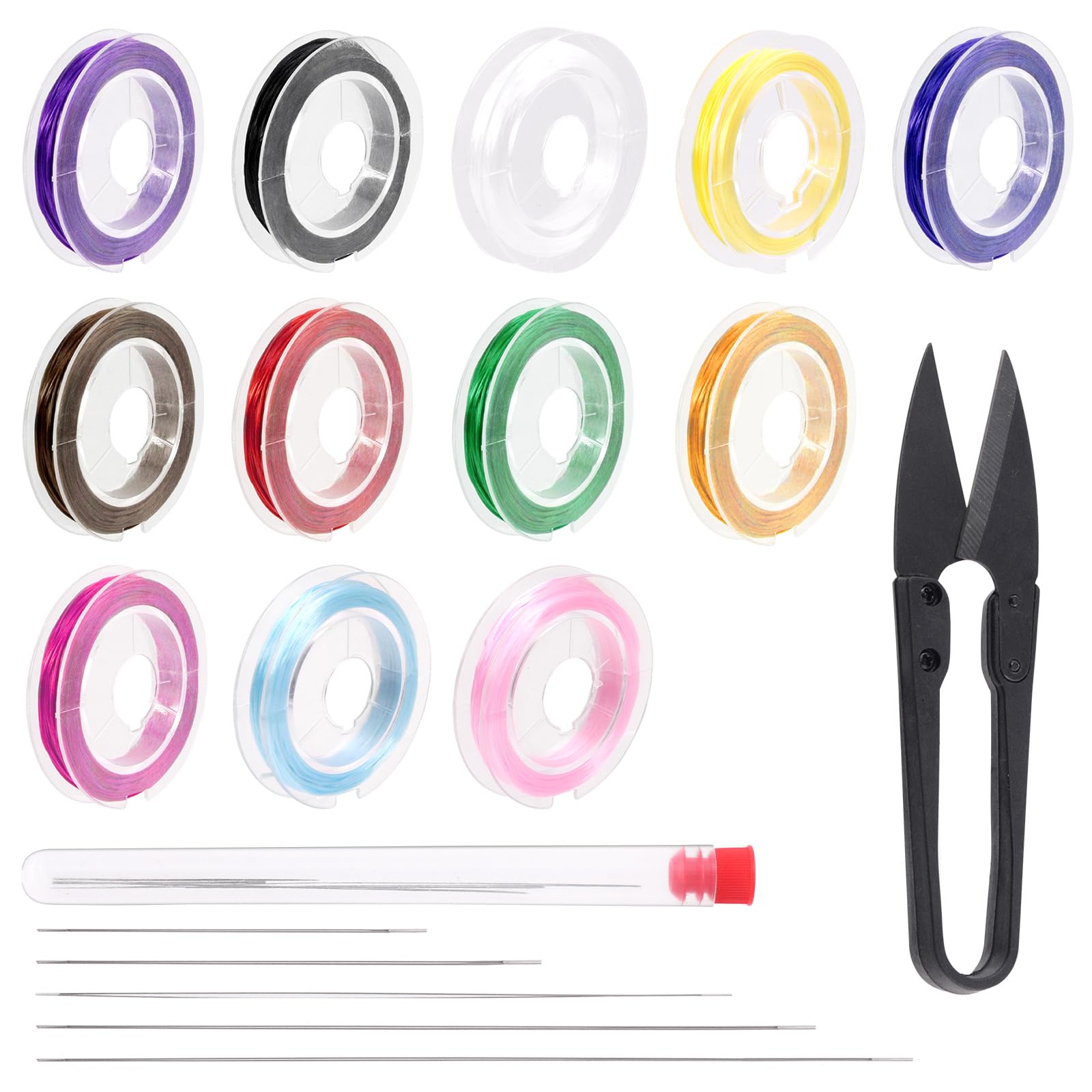 Hilitchi 18Pcs 12 Colors Elastic String Cord Rope Kit Includes 0.8MM Clear Elastic Thread, 5 Sizes Seed Beads Needles, Stretchy String Flat Elastic Bracelet String Cord Set for Jewelry Making