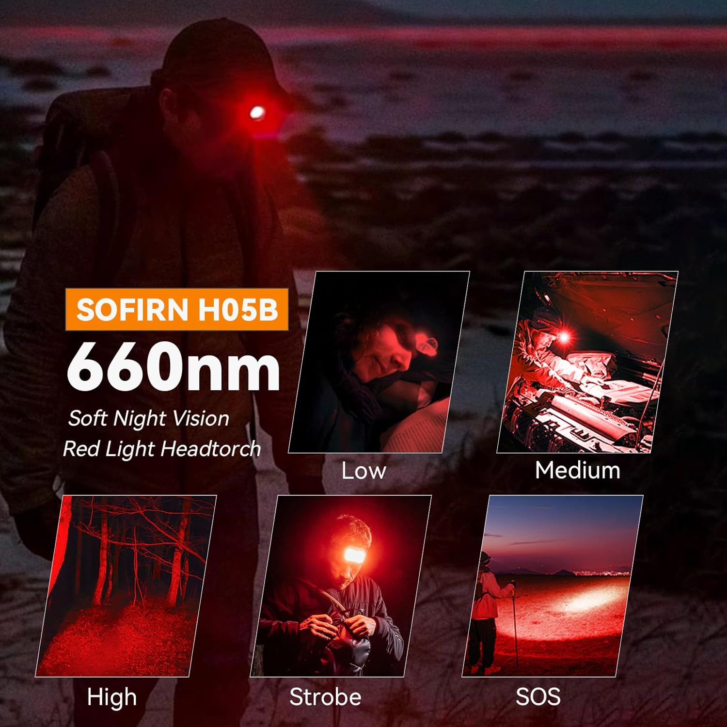 sofirn Bright Red Headlamp Rechargeable, H05B 1200 Lumens Lightweight Head Flashlight with Red Light, Adjustable Headband, 180 Degree Movable Tilt, Head Lamp for Adults Camping Hiking Fishing - Image 2
