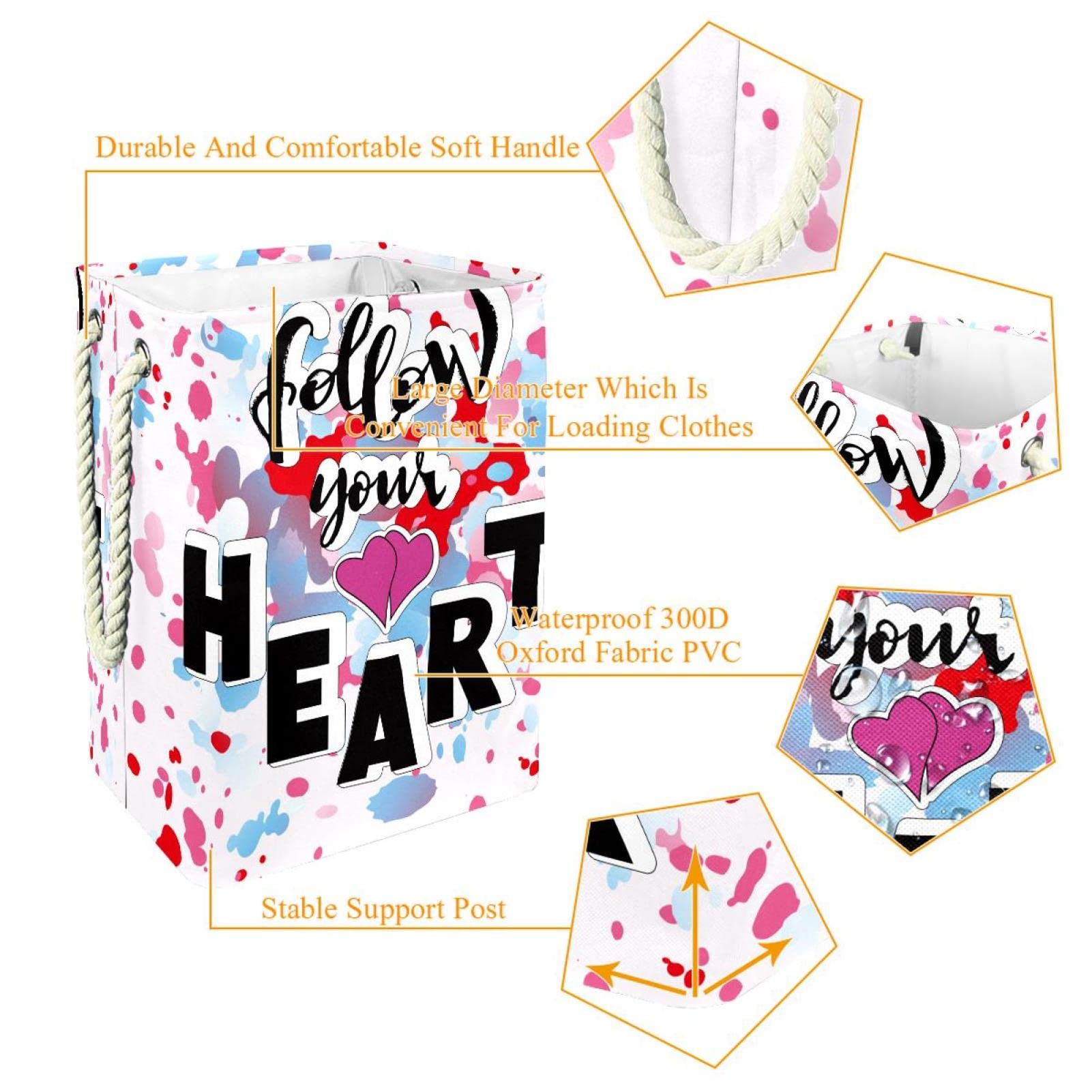 Cesta de lavandería con asas, diseño de acuarela con texto en inglés "Follow Your Heart", para guardar ropa en el dormitorio, baño, dormitorio