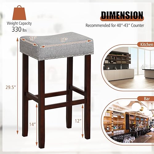 Miniatura 3 de COSTWAY Juego de 4 taburetes de bar, 29.5 pulgadas sin espalda con borde de cabeza de clavos, marco de madera de goma, reposapiés, carga máxima de