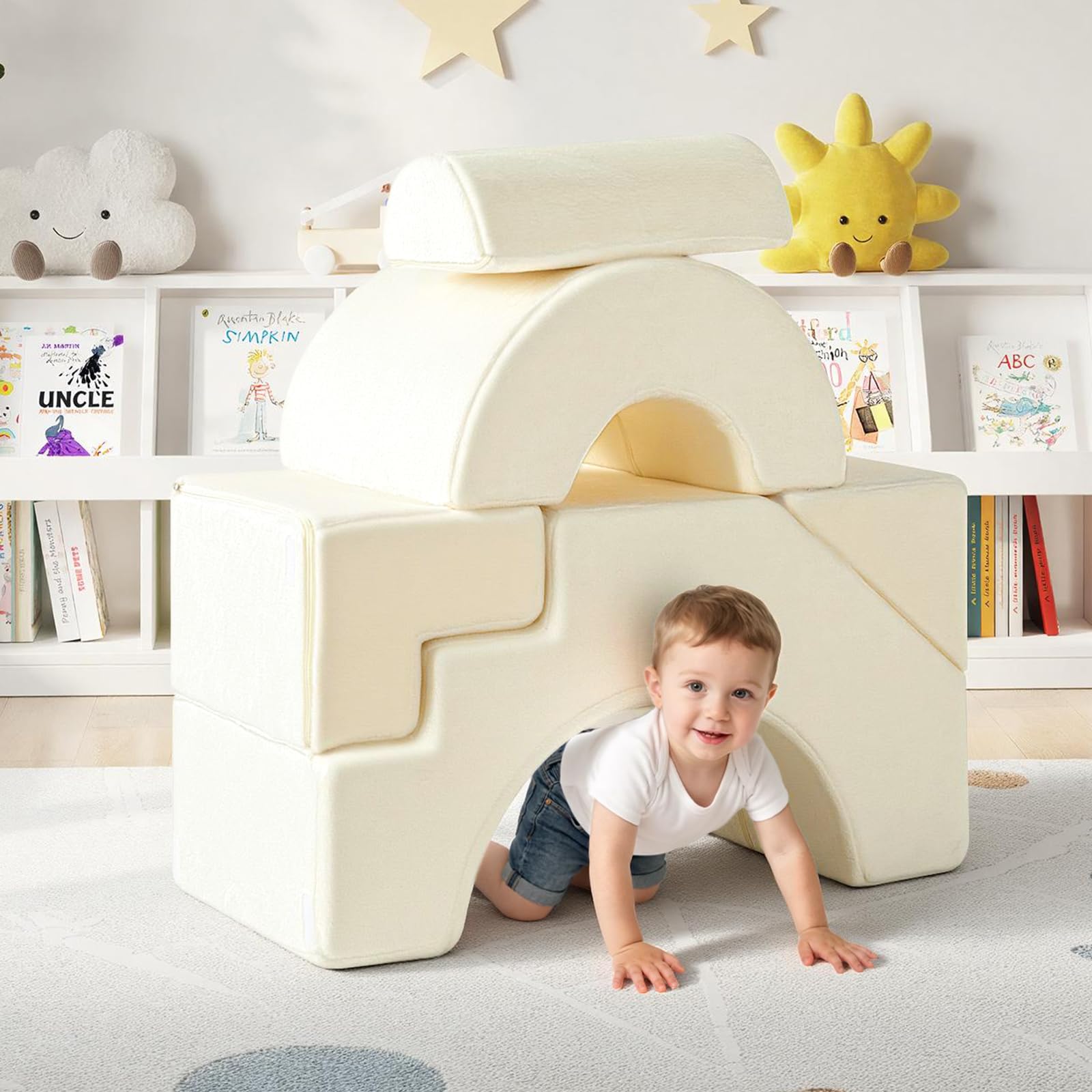 MeMoreCool Kindersofa Beige Fuer Leseecke Kinderzimmer, Ausklappbares Spielsofa mit Sitz- und Liegefunktion, Weiches Schaumstoff Mini Sofa mit Abnehmbarem Bezug ab 1 Jahr