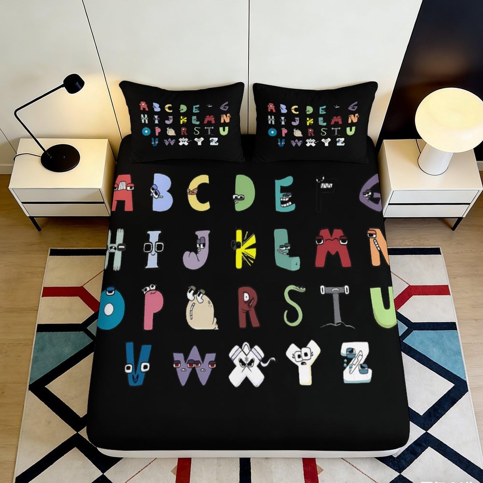 Uynsixtme Style-2 3D Printed Alphabet Pattern Fitted Sheet Microfiber Deep Pocket Full Wrap Bedroom Bedding Non-Slip Alphabet Mattress Fitted Cover Washable For All Ages 140X200x25cm