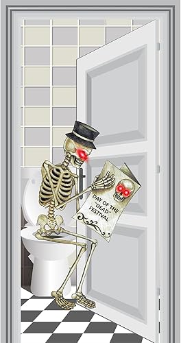 Miniatura 5 de Tatuo Cubierta de puerta de esqueleto - Decoraciones de Halloween, fondo de baño, suministros de fiesta en interiores, 30 x 60 pulgadas