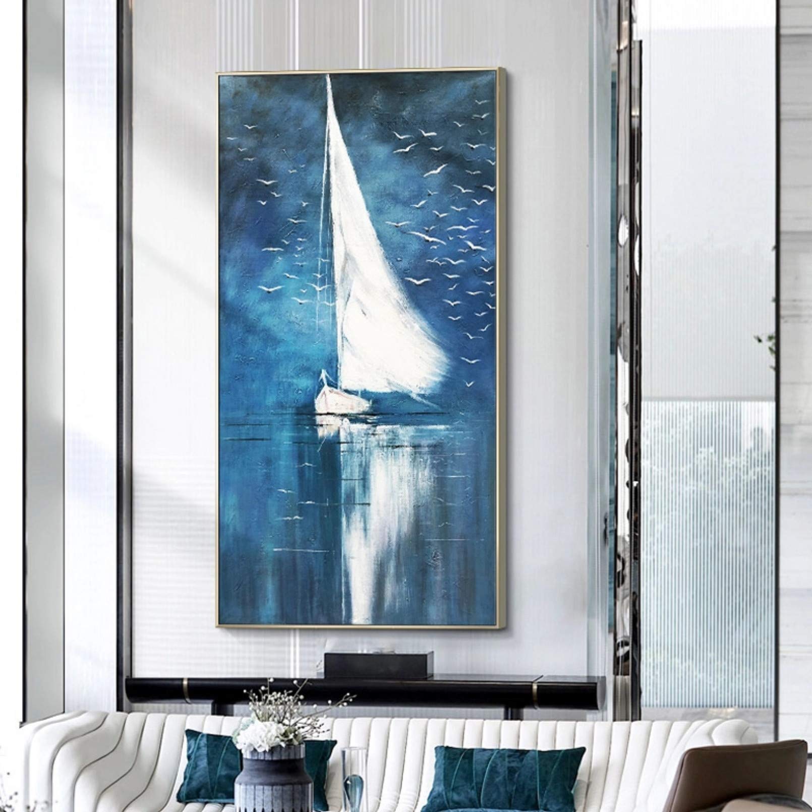 BAJIE Gemälde Handgemalte weiße Segelkunst Ölgemälde auf Leinwand Wandkunst rahmenlose Bilddekoration für Wohnzimmer Raumdekor Geschenk