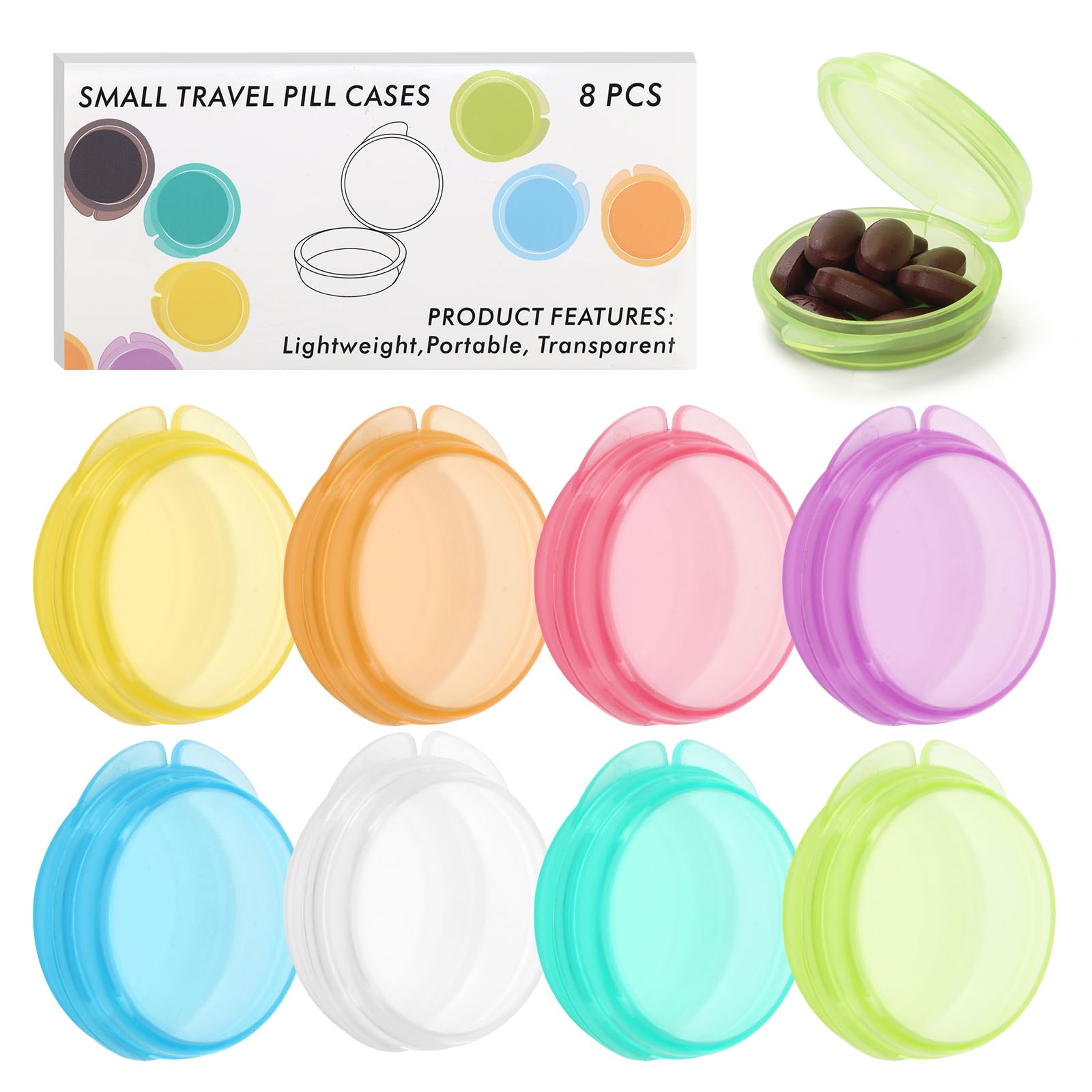 Small Pill Case 8 Pack Travel Round Pill Boxes Portable Mini Daily Pill Organizer Container Tiny Medicine Storage