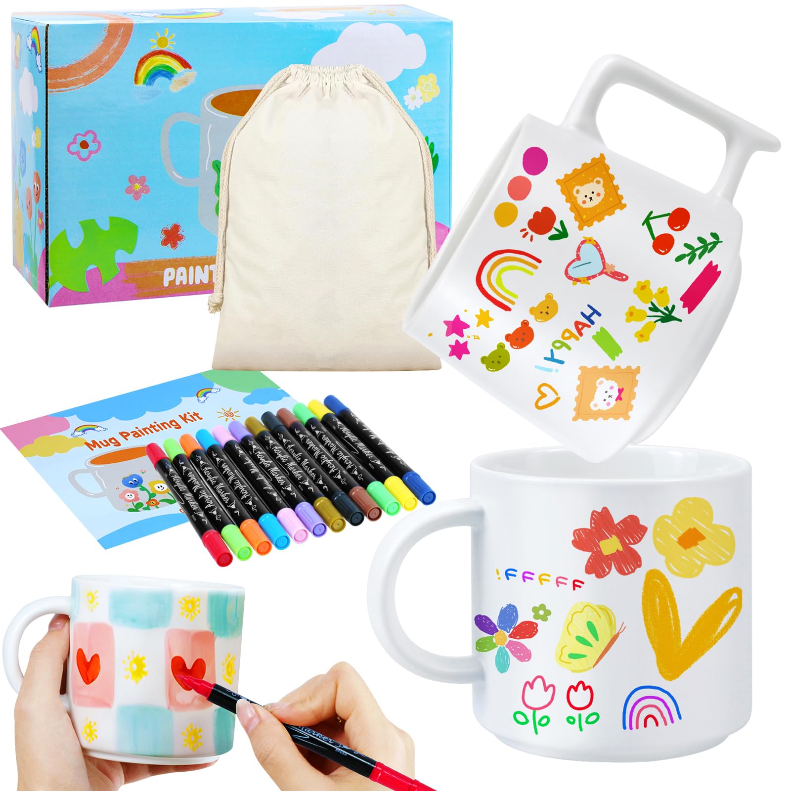 Keramik Bemalen Set - Tassen Bemalen Set (Enthält 2 Tasse, 12 Keramikmarkierungen, Aufbewahrungstasche, Malinspiration) - Tasse Bemalen Malset, Kreative Geschenke für Erwachsene