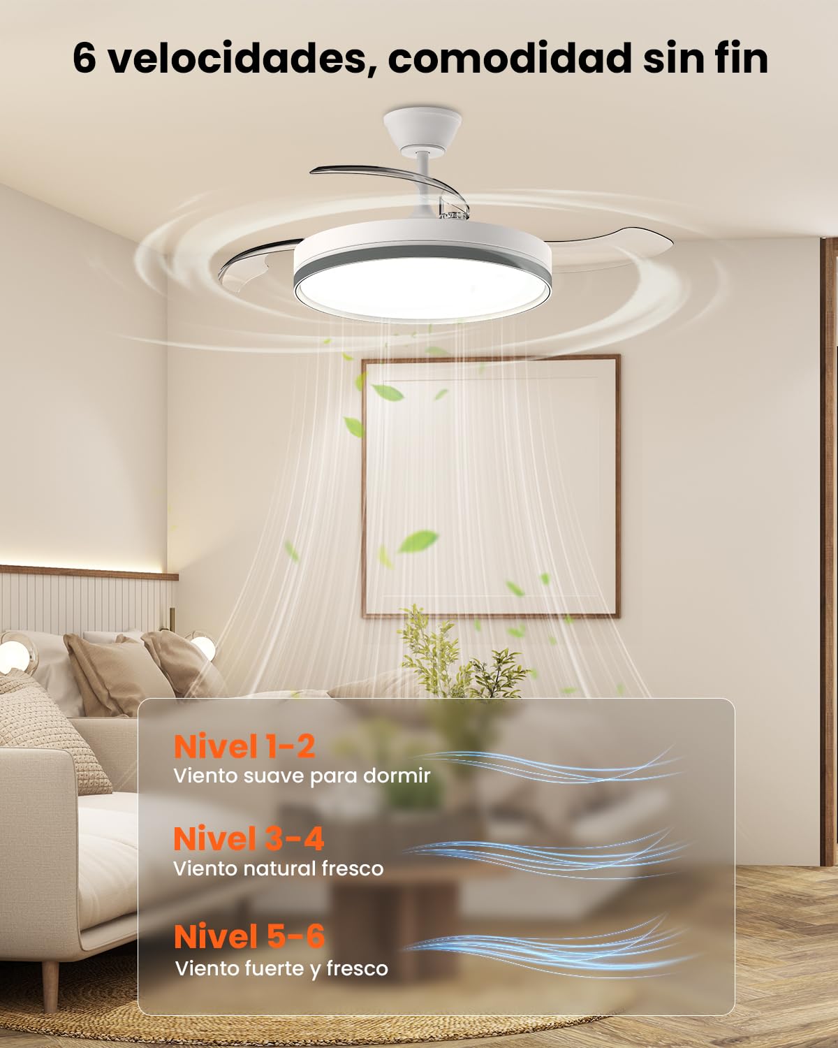 Airwit 106cm Ventilador de Techo con Luz Aspas Retráctiles, 69W Lampara Ventilador Techo Silencioso con Mando y DC Motor para Dormitorio, Salon, Cocina, Temporizador (Blanco)