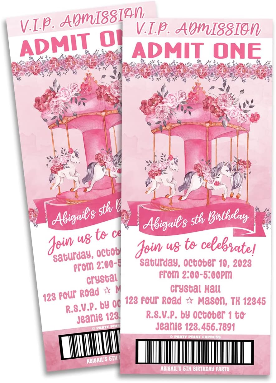 Pink Carousel Ticket Invitations - Pink Watercolor Girl Birthday Carousel Party Invites - VIP Admission Classic Style Customized with Envelopes