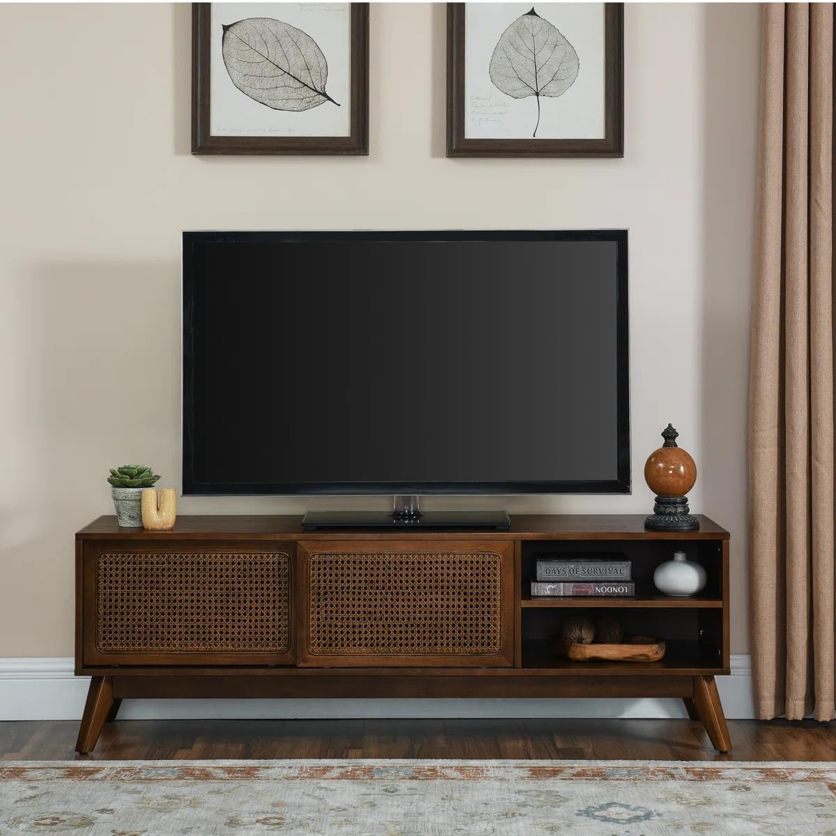 Solid Sheesham Wood TV Stand for Living Room and Bedroom, Entertainment Cabinet with Solid Wood Feet and Rattan Doors, Rattan TV Stand for 65 Inch TV, Unit (Brown)-image-29