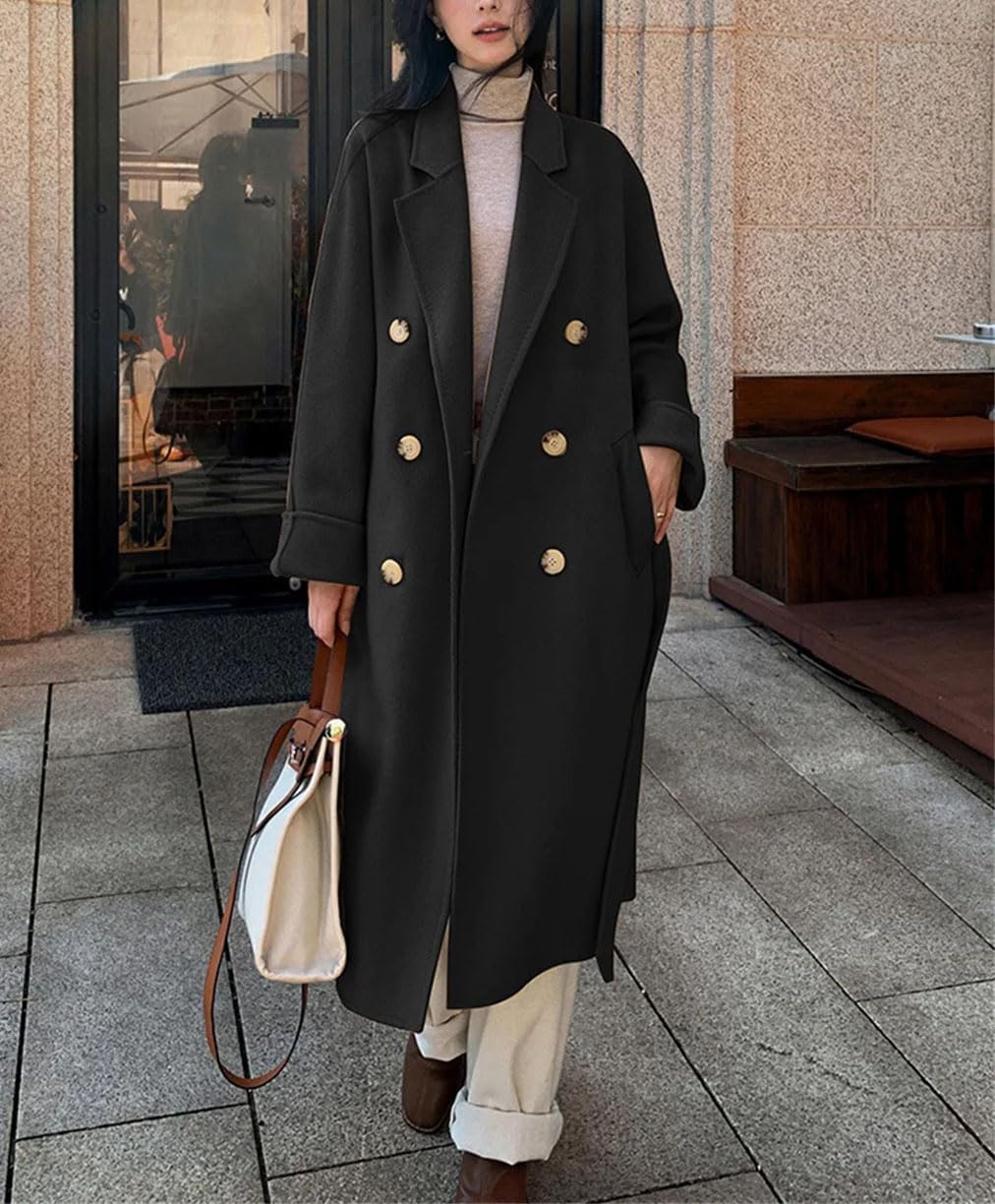 Abrigo clásico de lana reversible de cachemira para mujer, abrigo largo de lana para invierno, rompevientos casual con cinturón