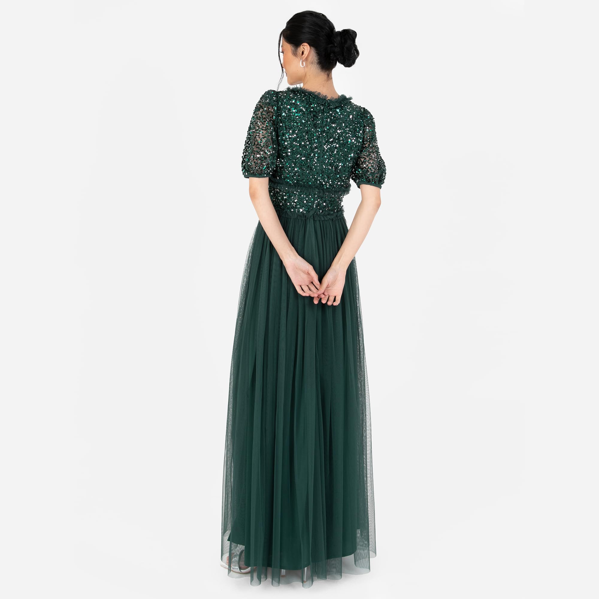 Maya Deluxe Women's Maxi Dress Ladies V-Neck Short Sleeve Sequin Embellished Tulle Ruffle For Wedding Guest Bridesmaid Ball Gown Vestidos para Mujer