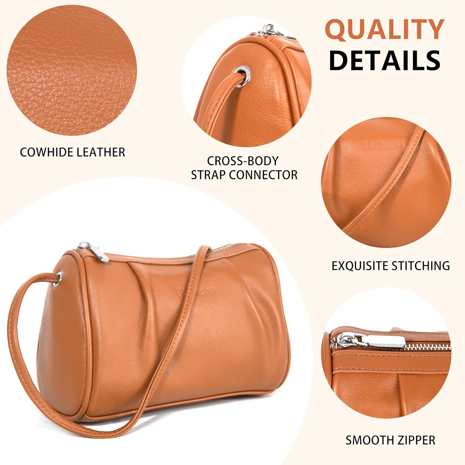 Women's Genuine Leather Crossbody Bag Small Hobo Barrel Purse with Wrinkle Design for Everyday Casual and Travel - Image 6