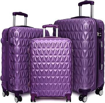 3 Piece Luggage Suitcase Set - Hand Luggage + Medium Suitcase + Large Check in Hold Luggage, Lightweight, 4 Spinner Wheels, Built in Combination Lock, ABS Hard Shell, Extendable Purple