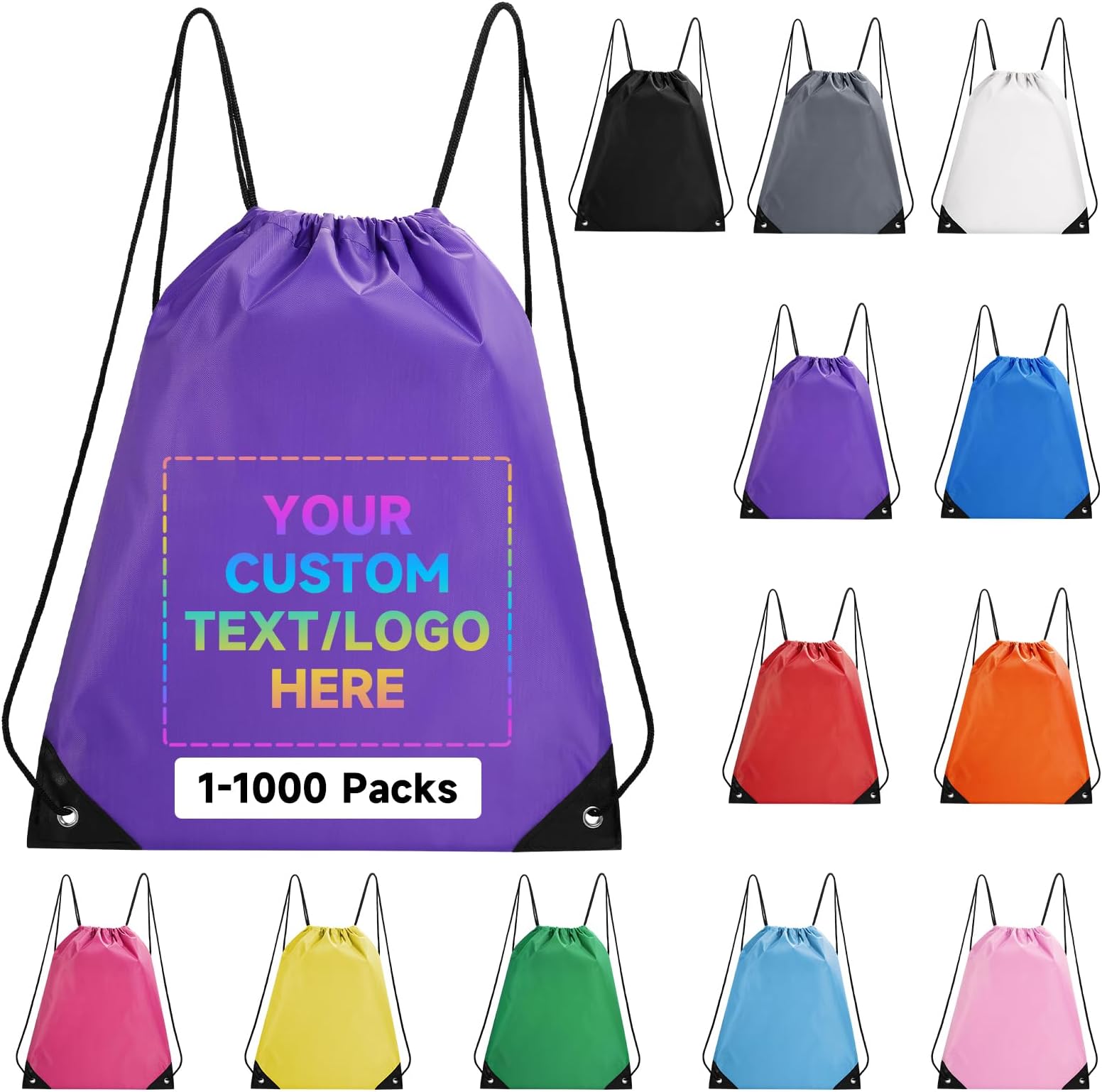 Custom Drawstring Backpacks With Your Logo, 1000 Pack Personalized Text Drawstring Bags String Bag Bulk, Great for Travelling, Gym and for Everyday Use (Purple)