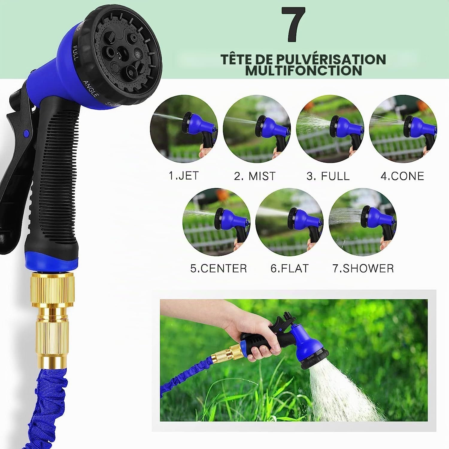 Tuyau d'Arrosage Extensible 60M, Tuyau Arrosage Flexible, Pistolet Arrosage avec Tuyau 7 Fonctions Pistolet, pour Irrigation Jardin, Laver la Voiture, Animal Nettoyage (45M-150FT) (200FT/60Meter,blue)