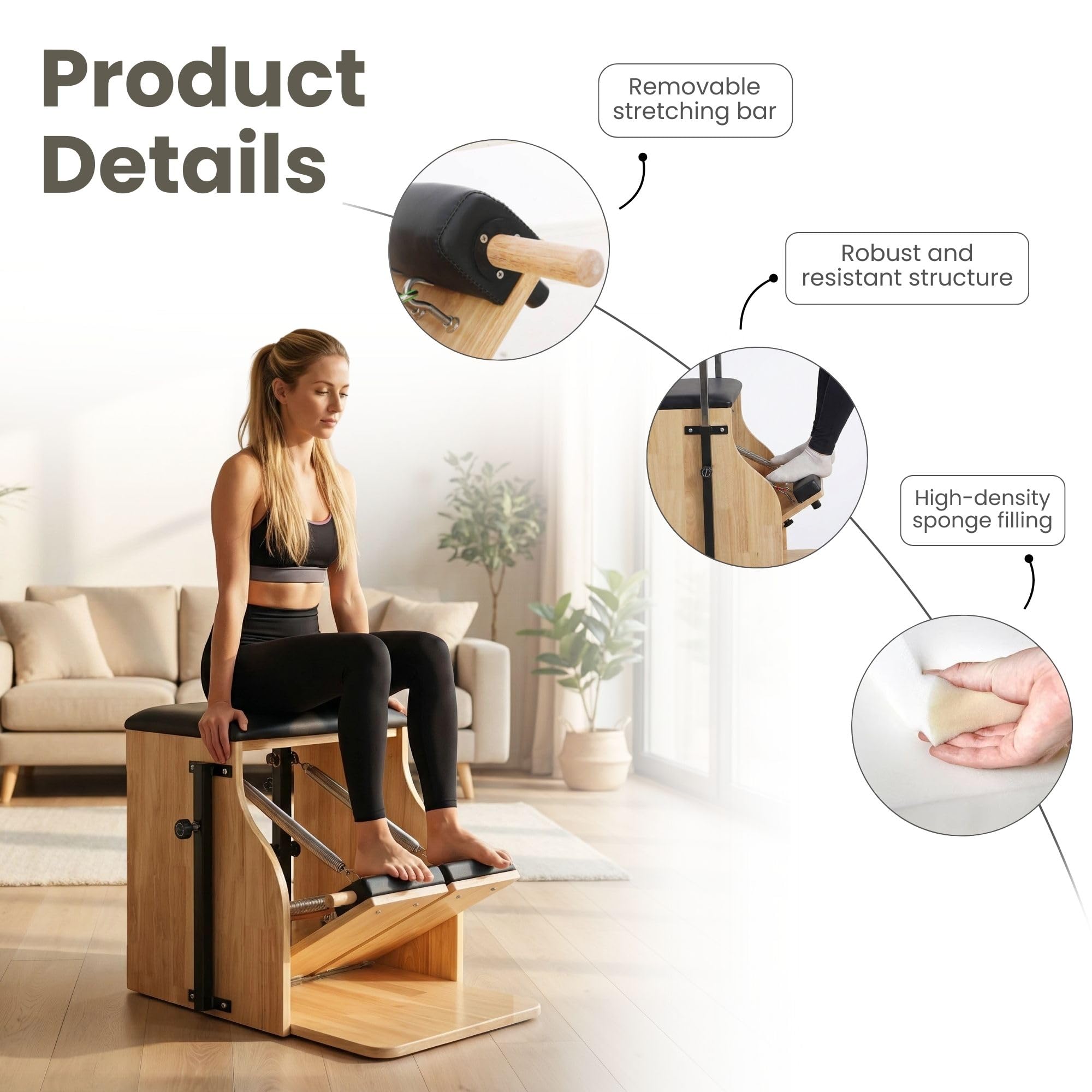 Silla Pilates Reformer Profesional, Pedales Divisibles y Asas. Silla de Pilates de Estabilidad para Casa o Estudio. Equipo Multifuncional de Reformer para Equilibrio y Fuerza. 4 Muelles Incluidos