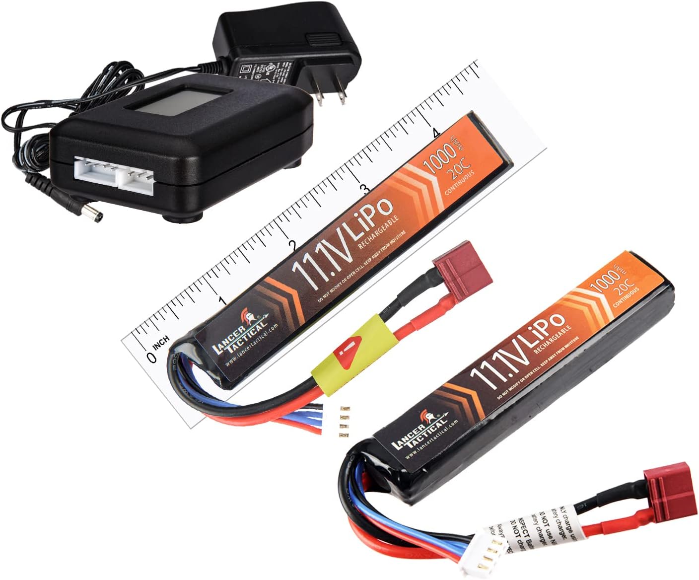 Lancer Tactical Battery Pack with Charger-2 Pack 11.1V Lipo 1000mAh 20C Stick Rechargeable Battery with LCD Universal LiPo Balance Charger for Airsoft AEGs, Lancer Gen 3, Proline, Hybrid